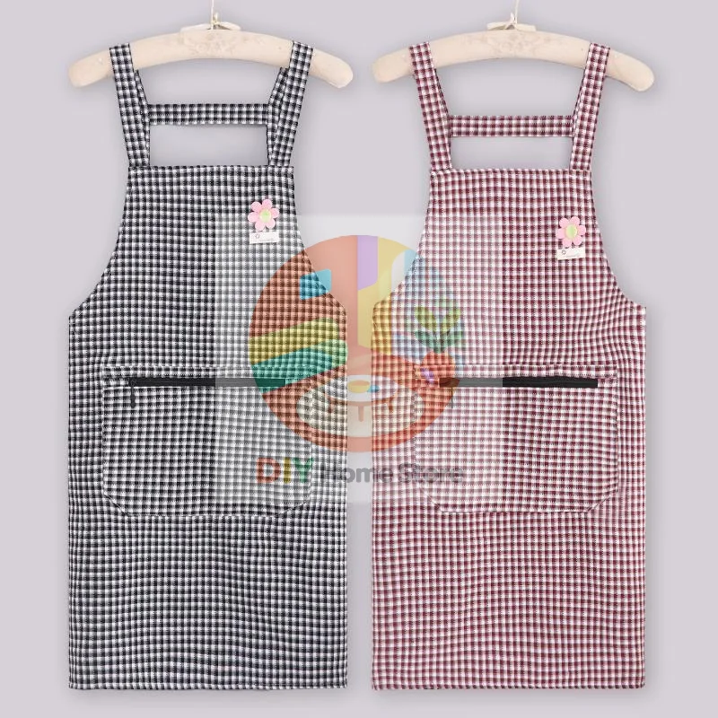 Cotton Plaid Kitchen Apron with Large Pocket Cute Floral Design Adjustable Fit for Home Cooking Baking Housewarming Gift
