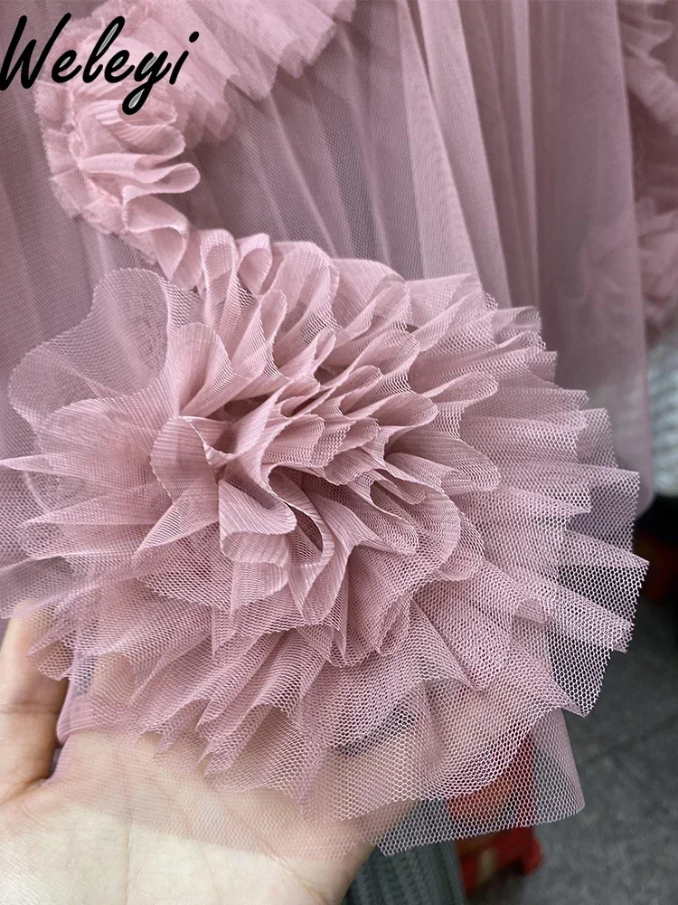 Falda acampanada de malla de flores tridimensionales de color rosa bohemio, péndulo de verano para mujer, faldas por debajo de la rodilla plisadas finas de cintura alta francesas