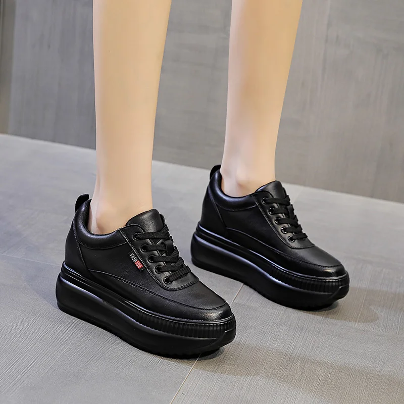 Women Genuine Leather Casual Black Shoes Platform Wedge Female Women 8CM High 2023 Fashion Sneakers Chunky Spring Autumn Shoes