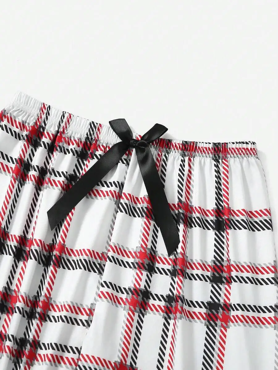 

3pcs Plaid Pajama Set With Bow Front Women Sleepwear
