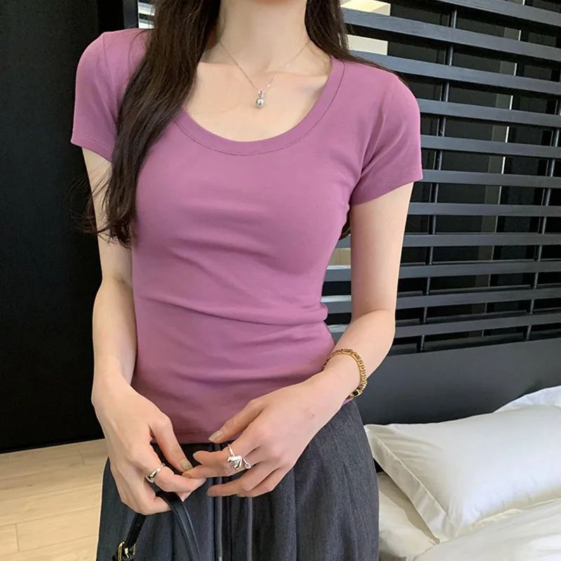 Camiseta informal de algodón para mujer, camisetas de manga corta, ropa de moda para mujer, camiseta básica ajustada con