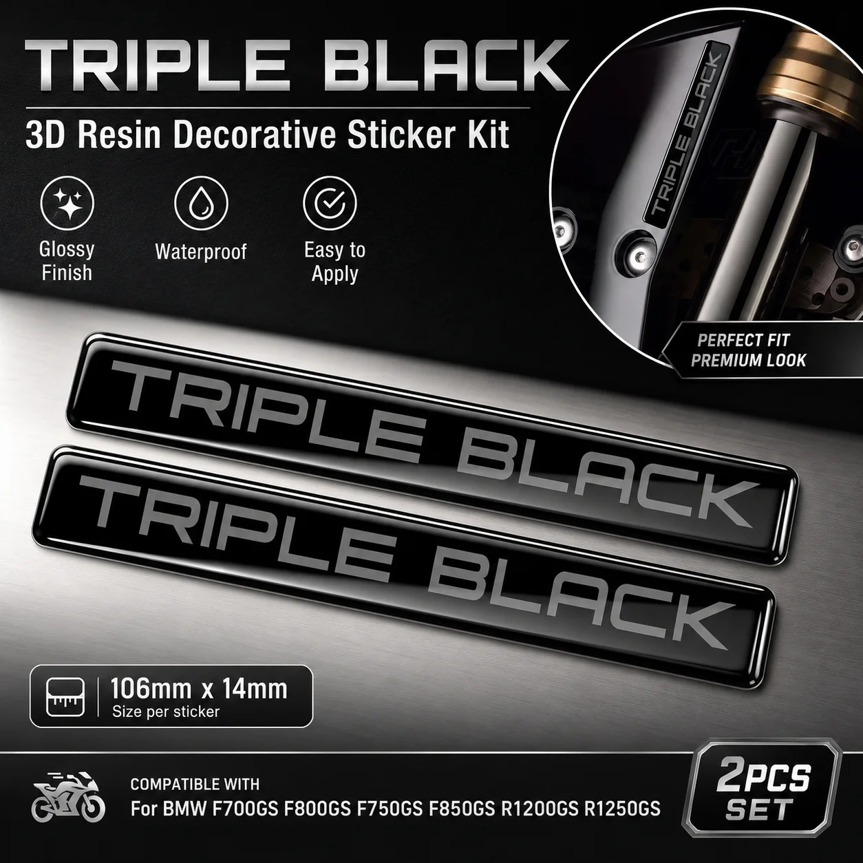 Image of Für BMW F700GS F800GS F750GS F850GS R1200GS R1250GS Motorrad 3D Harz Triple Schwarz Dekorative Aufkleber Kit