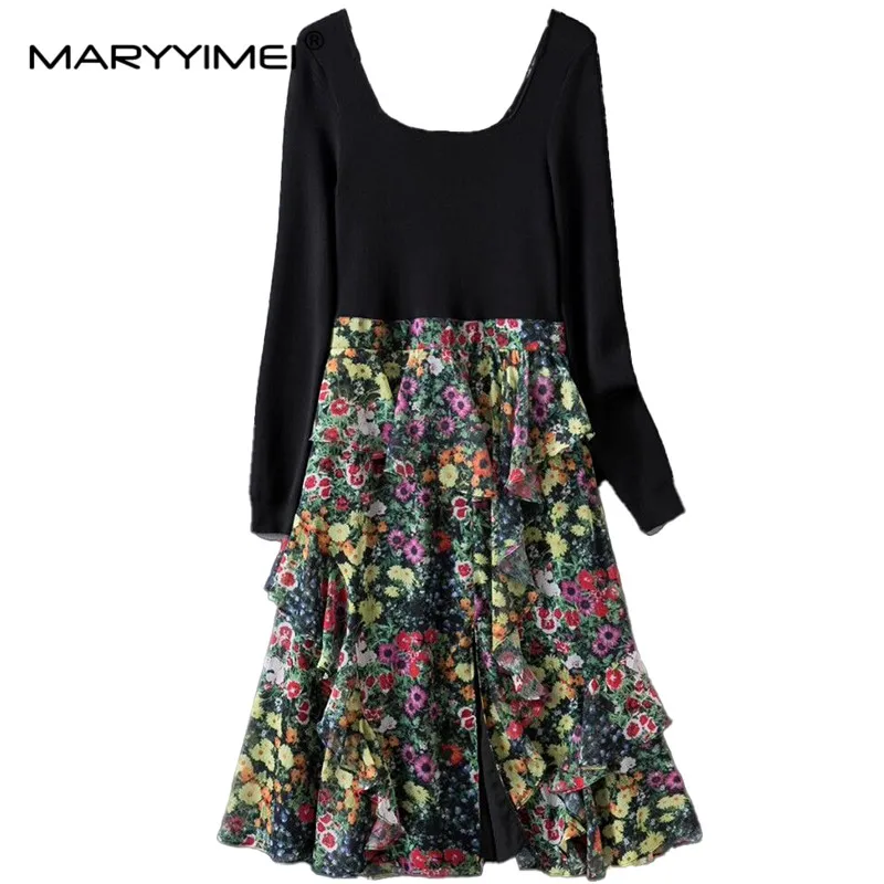 

MARYYIMEI Fashion Spring Autumn Women's Dress Square Collar Long sleeved knitting Patchwork Ruffles Floral-Print Split Dresses