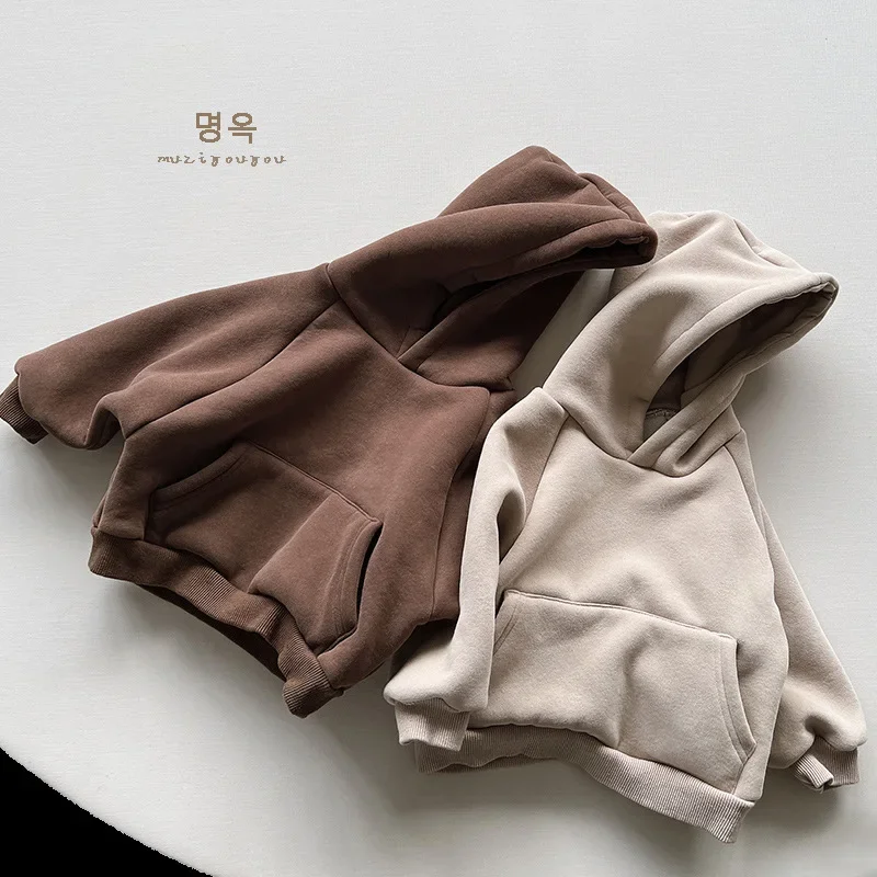 Boy Hoodie Top Children Integrated Fleece Hoodie 2024 Autumn and Winter New Korean Style Hooded and Fleece Pullover Solid Tops