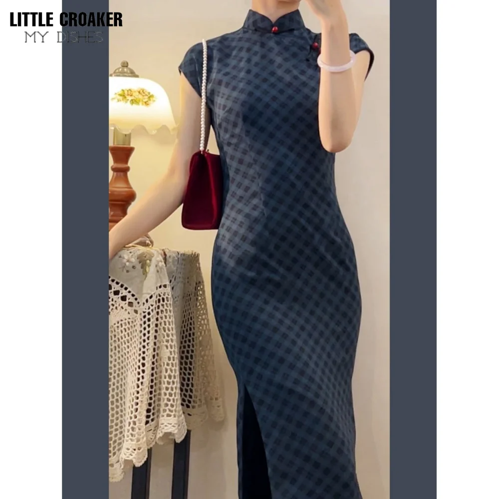 

Qipao Mujer Vestido 2023 New Chinese Waist Slim China Style Dress Elegant Navy Blue Improved Cheongsam Dress for Women