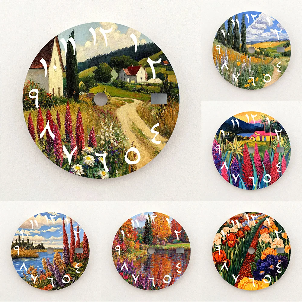 28.5mm Dial NH35 Dial Oil Painting Countryside Scenery Arabic Numeral Dial NH36 Dial Watch Accessories Fits NH35/NH36 Movements