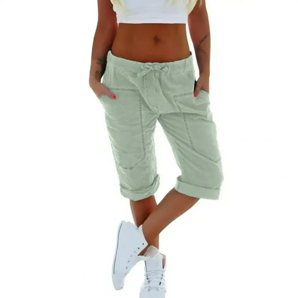 Women Pants Summer Ladies 3/4 Trousers Casual Solid Color Low Rise Drawstring Pockets Sports Pants Shorts For Female