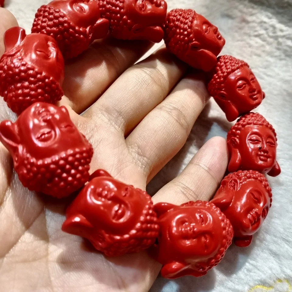 Red Cinnabar Buddha Head Double-sided Avalokitesvara Bracelet Buddha Head Bracelet for Men and WomenTai Sui  Amulet