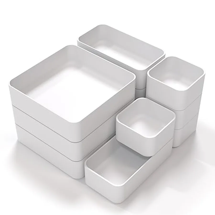 

Набор из 11 штабелируемых органайзеров для ящиков: многофункциональные лотки для хранения на рабочем столе и туалетном столике, контейнеры для косметики и канцелярских принадлежностей