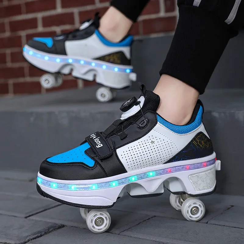 Deformation Roller Skates Shoes Four Wheels Dual-Use Running Shoes Roller Skates Women Men Parkour Roller Shoes Children Sneaker