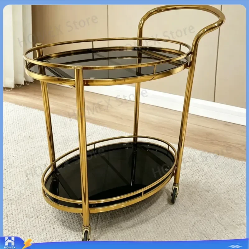 Luxury Stainless Steel Glass Tea Trolley Oval Wine Cart Mobile Bar Serving Table for Restaurant Home Living Room Furniture