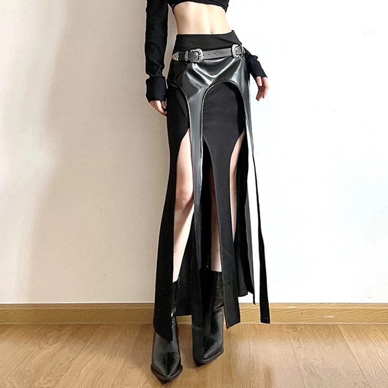 Goth Dark Grunge Punk Irregular Party Long Skirts Cyber Gothic Y2k Faux Pu Patchwork Midi Skirt Women Techwear Sexy Split Bottom