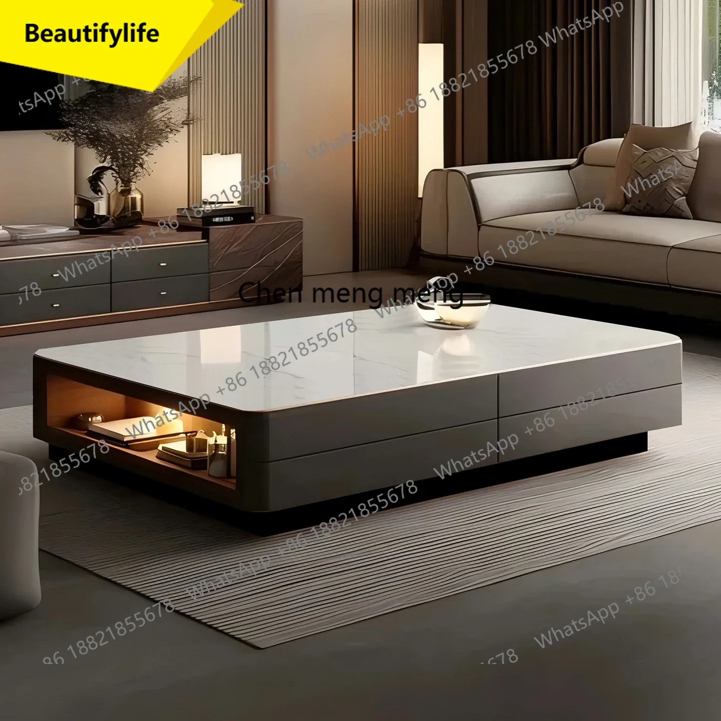 

Q181 Italian medieval microcrystalline stone coffee table living room home creative modern hollow solid wood coffee table