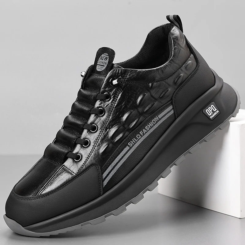 Men's Business Casual Sneakers, Lace-up Platform Height-Increasing Shoes, Crocodile Texture Design, Versatile Footwear for Daily