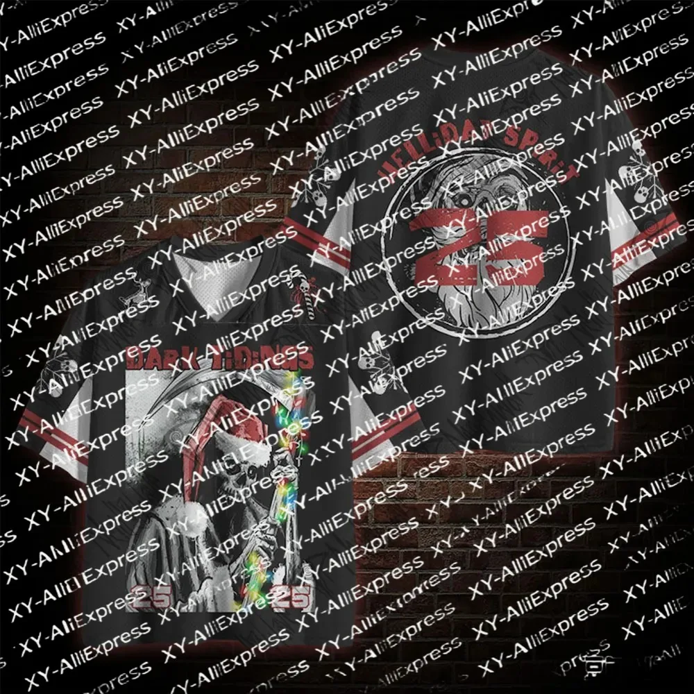 Gothic Holiday V-Neck Mesh Jersey for Men, Spooky Santa Skull Art Print, Casual Sporty Top for Dark Xmas Party Outfit