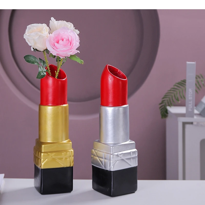 Resin Vase Lipstick Shape Cartoon Ornament Floral Arrangement Accessories Terrarium Room Decoration