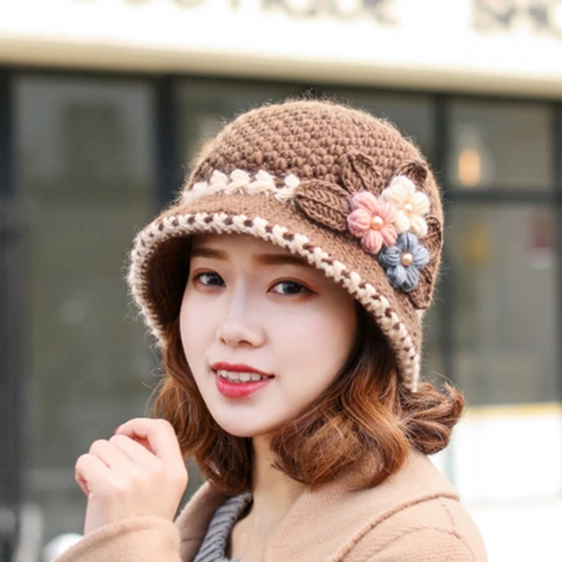 Windproof Woman Crochet Flower Hat Autumn Outdoor Fisherman Hat Teens Bucket Hat