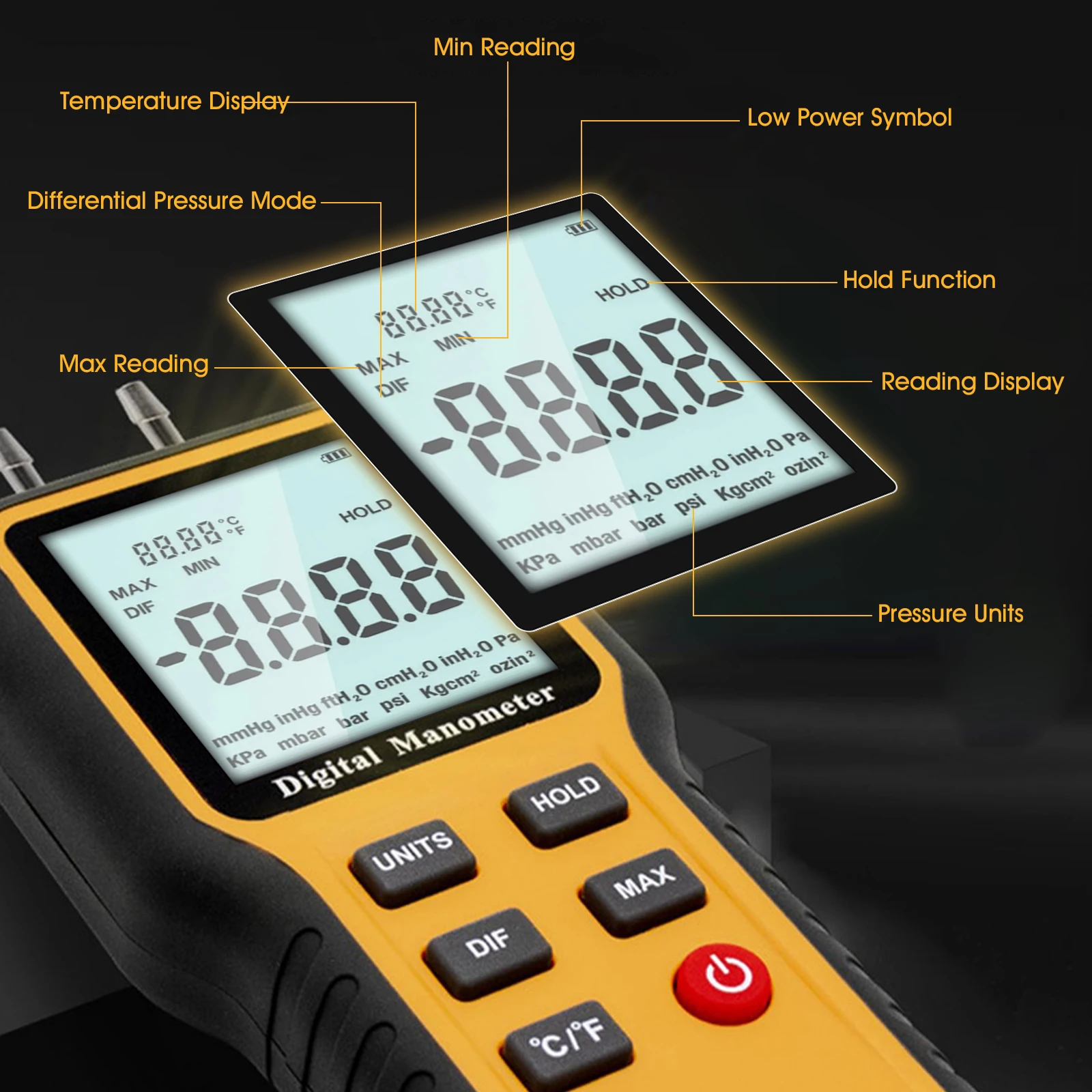 QX-1201 Digital Differential Pressure Manometer HVAC Air Pressure Gauge Dual Port Gas Tester Multi Units 0.5s Fast Response