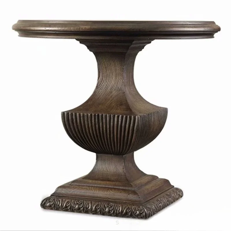 

American solid wood oak edge, living room retro old carving phone retro small round table