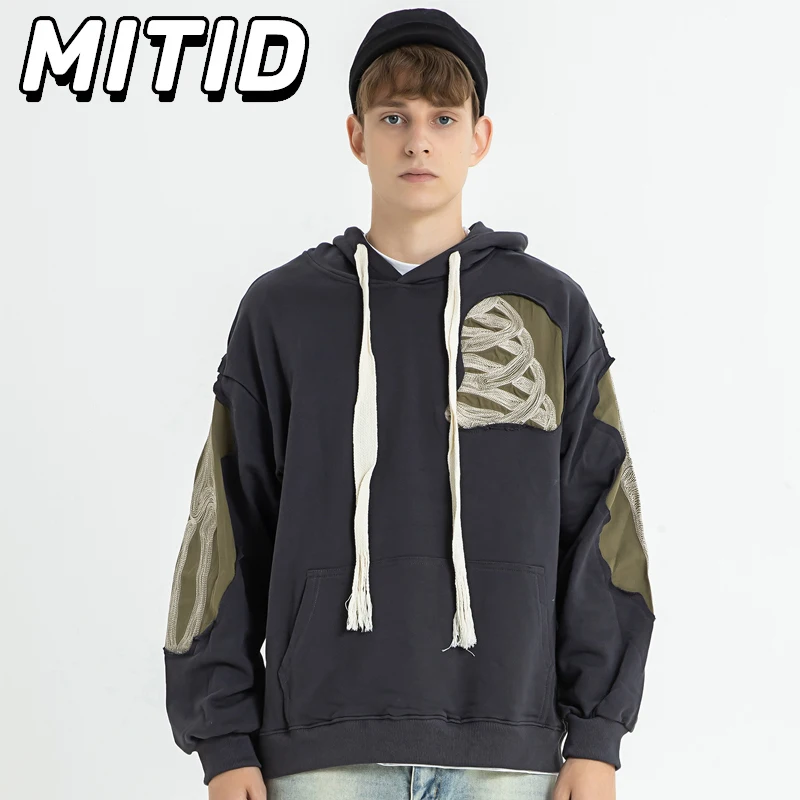 Spring Autumn Couple Hoodies Retro Fashion Hole Patch Design Hooded Sweatshirt For Men and Women Oversized Hip Hop Streetwear