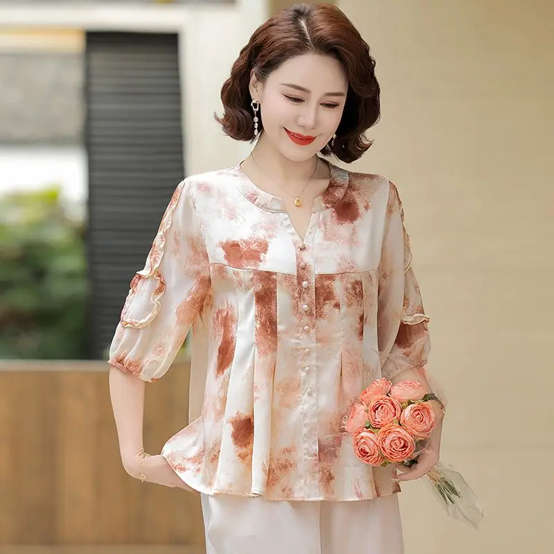 

Elegant Mid-Age Mom Summer Chiffon Blouse Sleeveless Lightweight Women's T-Shirt
