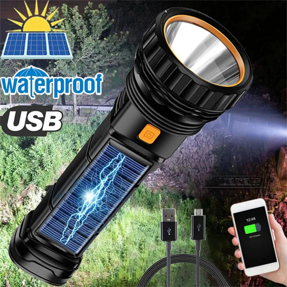 LED Solar  Flashlight 1200mah Rechargeable Battery Waterproof Outdoor Camping Emergency Light