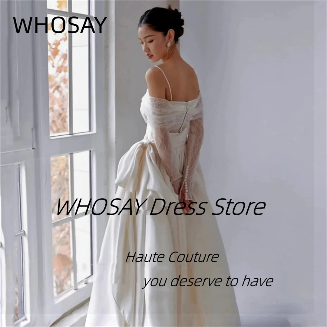 WHOSAY Spaghetti Lace Long Sleeves Wedding Dresses with Buttons Sexy Back Vestidos De Noches Ruched A Line Bridal Gowns