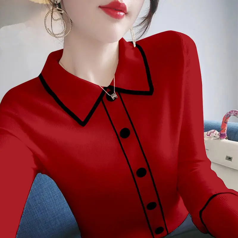 Fashion Lapel Spliced Button All-match Knitted Blouse Women\'s Clothing 2022 Autumn New Casual Pullovers Loose Office Lady Shirt