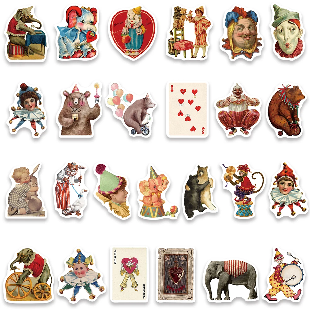 50PCS Vintage Circus Acrobatics Clown Vinyl Stickers Decals for Water Bottle Laptop Skateboard Scrapbook Luggage Kids Toy