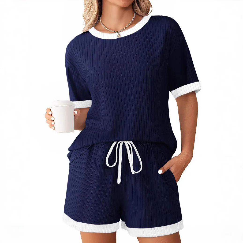 Summer Ribbed Color-Block Short Sleeve Pajama Set Women's Home Lounge Wear