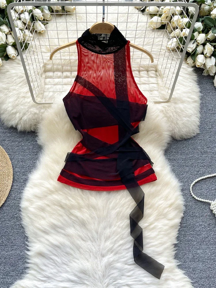 

Женский красный сетчатый укороченный топ 90-х годов, винтажный Y2k, камзол с открытыми плечами, бандажный корсет, топ, жилет, сексуальные топы на бретелях, эмо-кокетлетная одежда