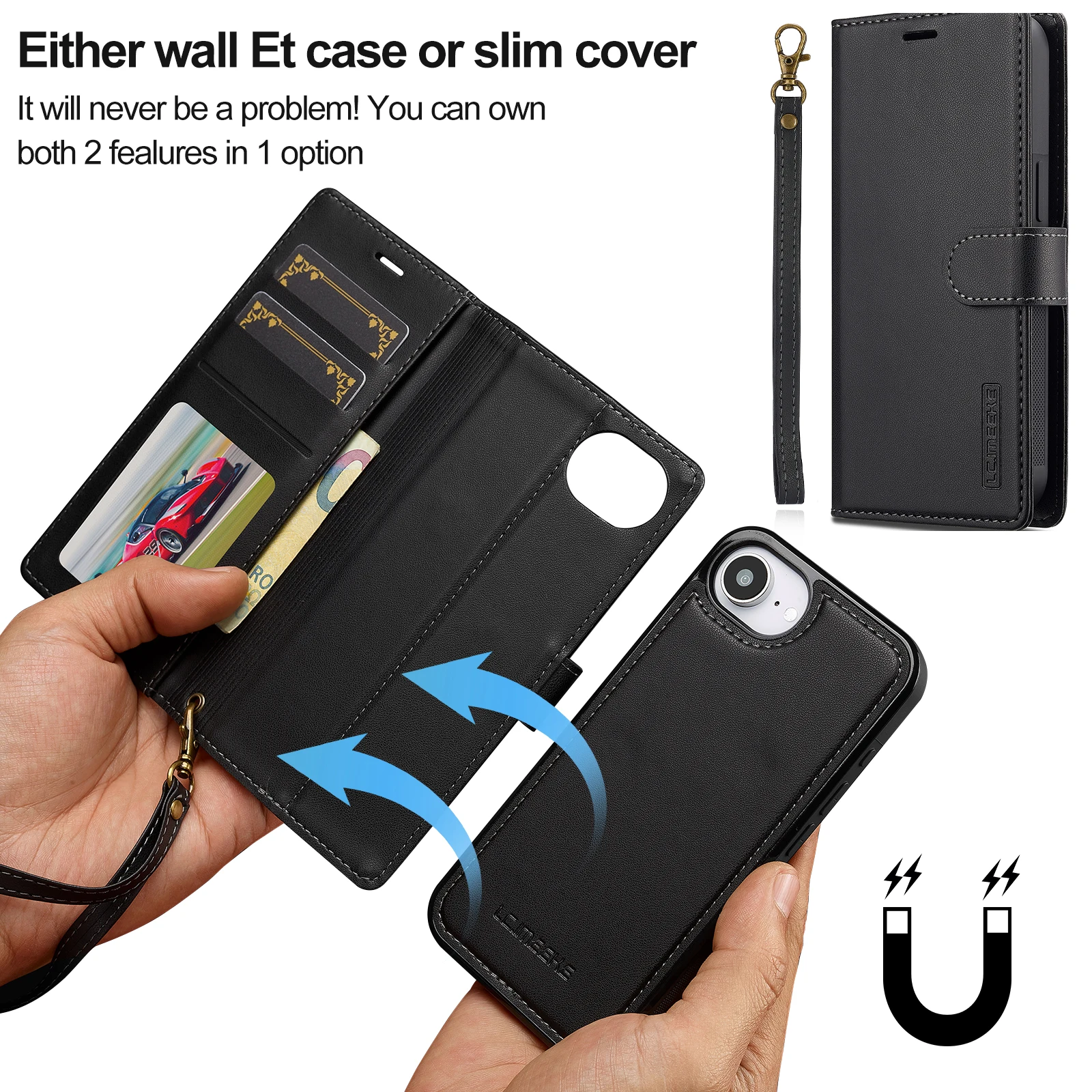 2 in 1 Removable Flip PU Leather Case For iPhone Air 17 Pro Max 16e 15 14 13 12 11 Pro XS Max XR 7 8 Plus Magnetic Wallet Cover