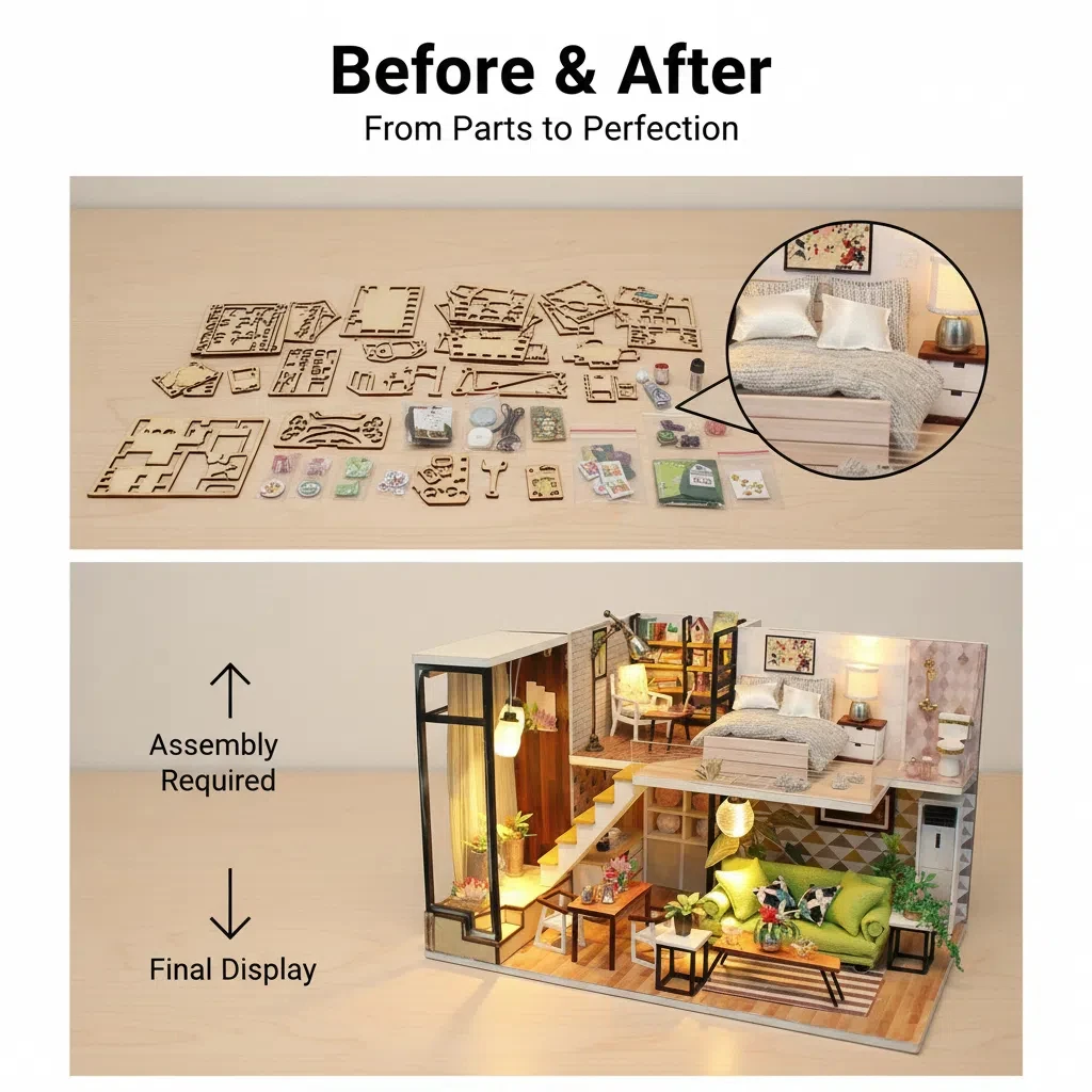 مقصورة OUZEY على الطراز الاسكندنافي يمكنك صنعها بنفسك نموذج خشبي، مجموعة تجميع منزل نورديك، هدية ديكور منزلي إبداعي للبالغين 14+ #5