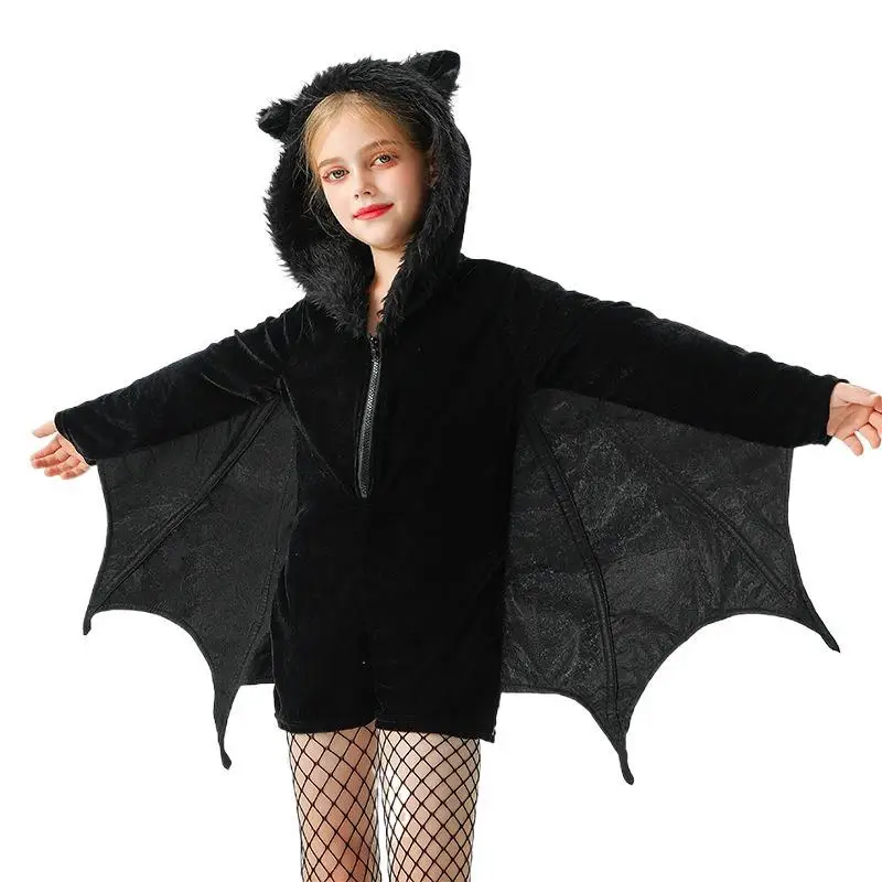 Halloween 4-16Y Children Tween Teens Girls Black Cozy Bat Girl Costume Hoody Short Style Umorden