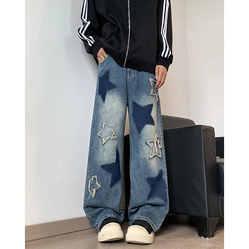 

Джинсы мужские новые прямые звезды с вышивкой в стиле пэчворк осенние джинсы широкие брюки в стиле хип-хоп модная молодежная нейтральная уличная одежда джинсовые брюки