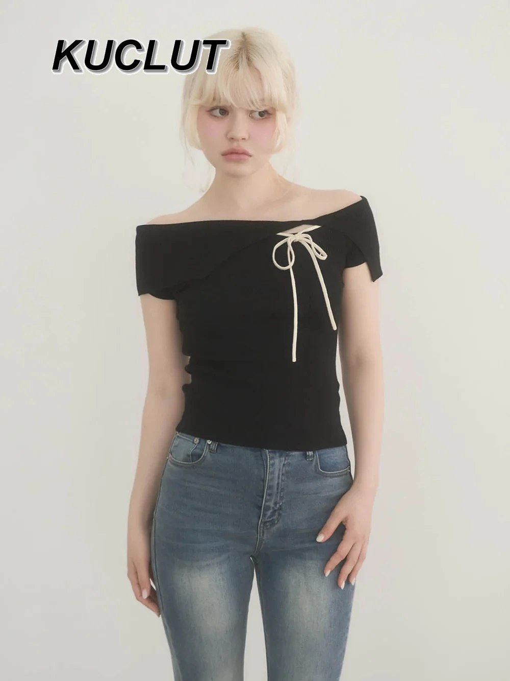 Japanese Style Lady Casual Tee New Off The Shoulder Tshirt Femme Knitted Short Top 2025 Summer Women‘s T-shirts Fashion