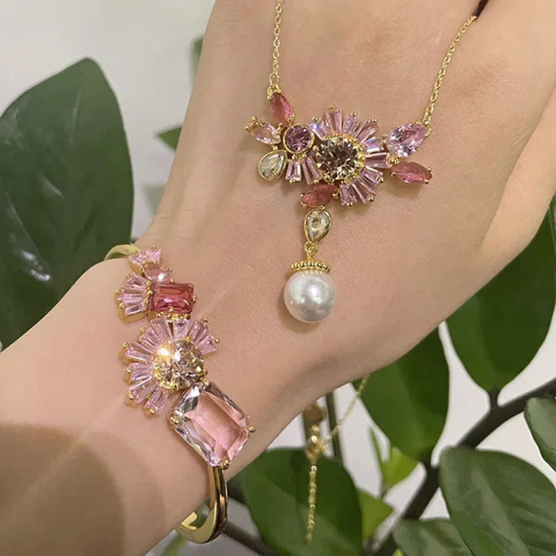 2026 Light Luxury High-quality Commemorative Jewelry Sets Charm Pink Gold Flower Crystal Necklaces Fashion Women's Ring Earrings