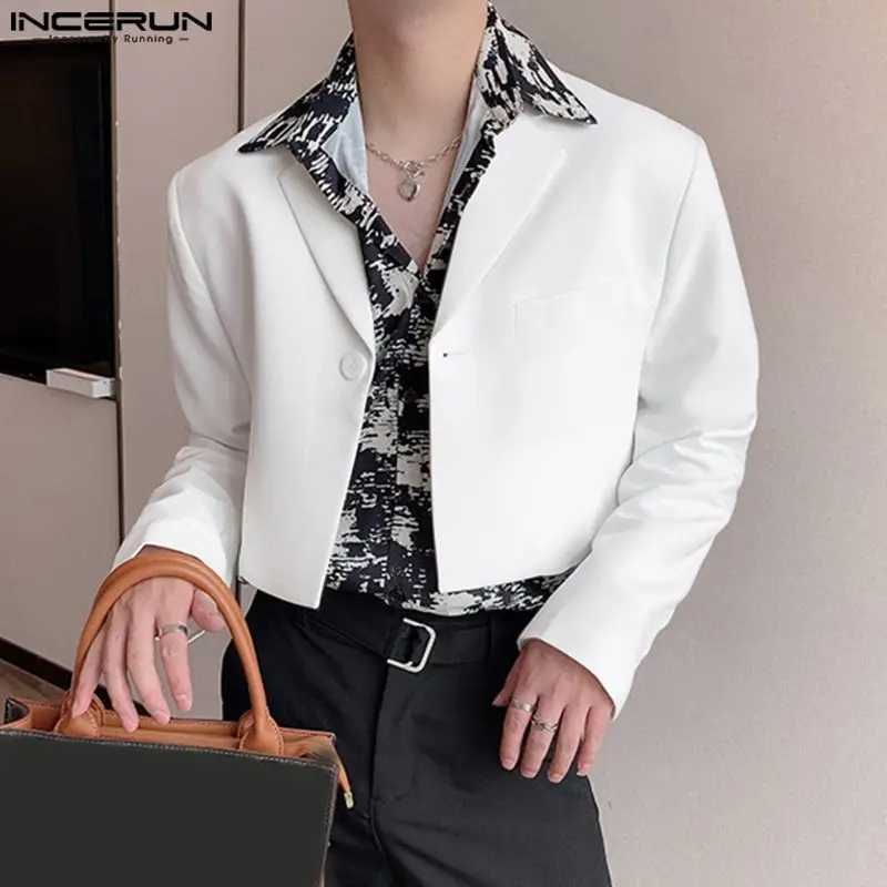 INCERUN Men Blazer Solid Color Lapel Long Sleeve Streetwear Casual Suits Autumn One Button 2023 Fashion Male Crop Coats S-5XL