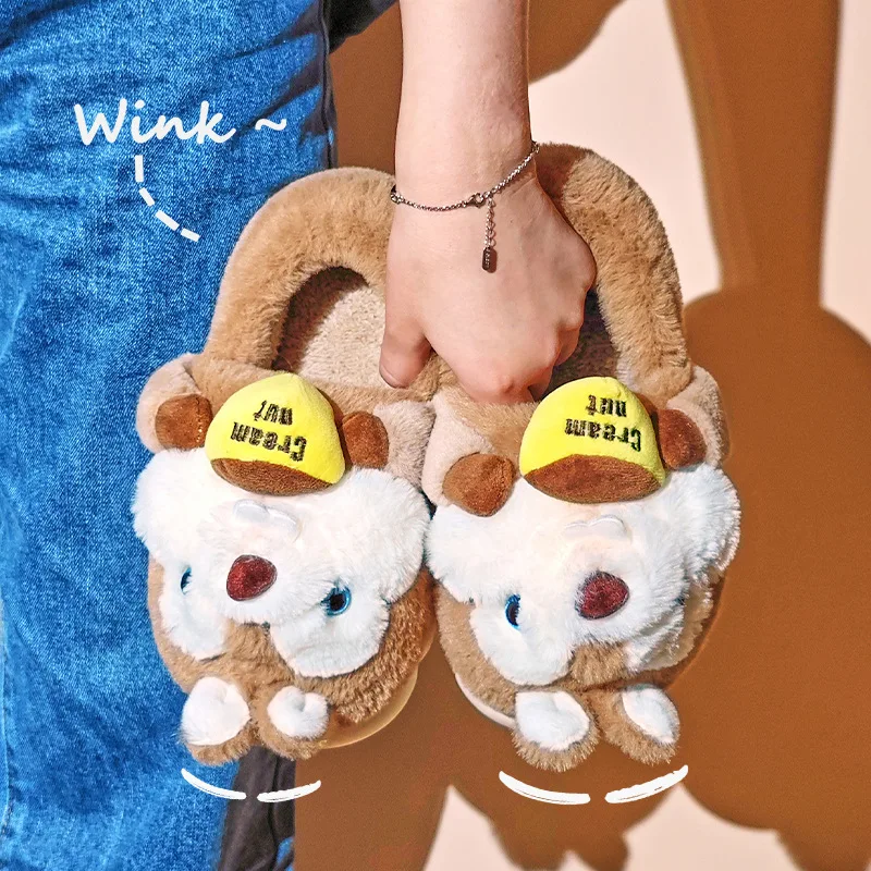 Squirrel Women Cotton Slippers Winter Warm Shoes Lining Plush Indoor Couple Slides Platform High Top Snow Boot Kids Home Slipper