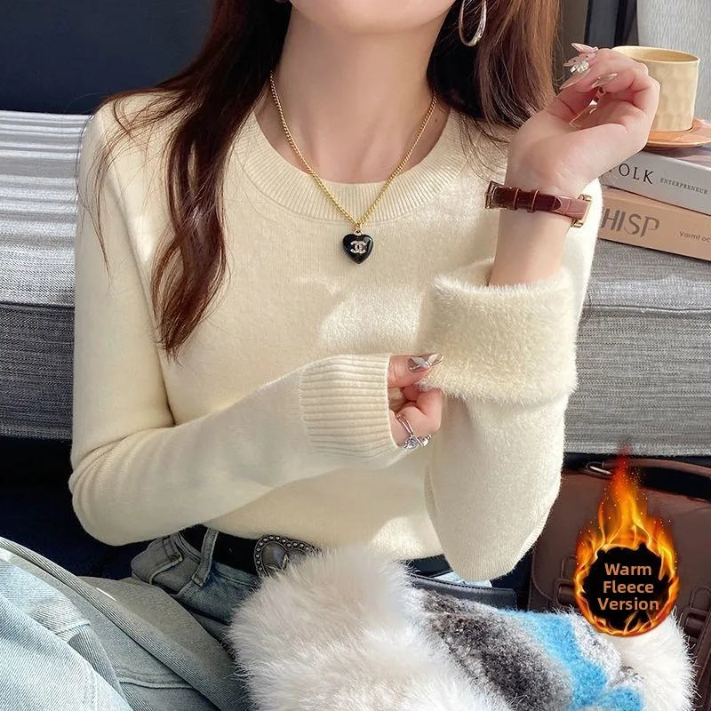 

Women's Vintage Base Shirt Inner Wear Autumn Winter Fashion Top Thickened round Neck One-Piece Mink Velvet Knitted Sweater