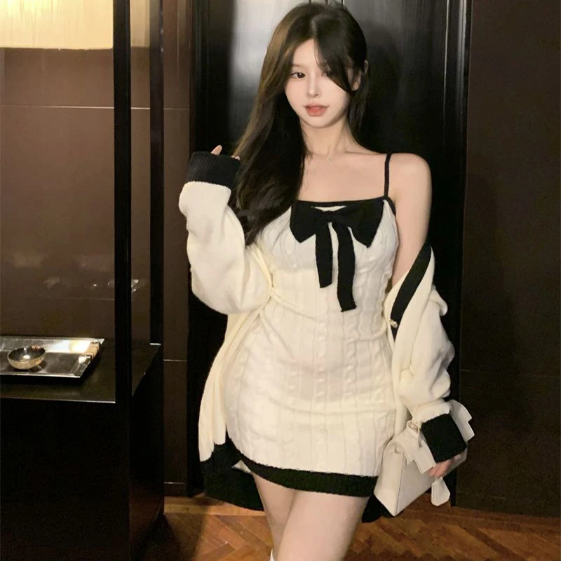 Women\'s Sweet Bow Design Knitted 2 Piece Set Dress, Long Sleeve Sweater, Korean Style, Sexy Club Party Dresses, Winter, New,2023