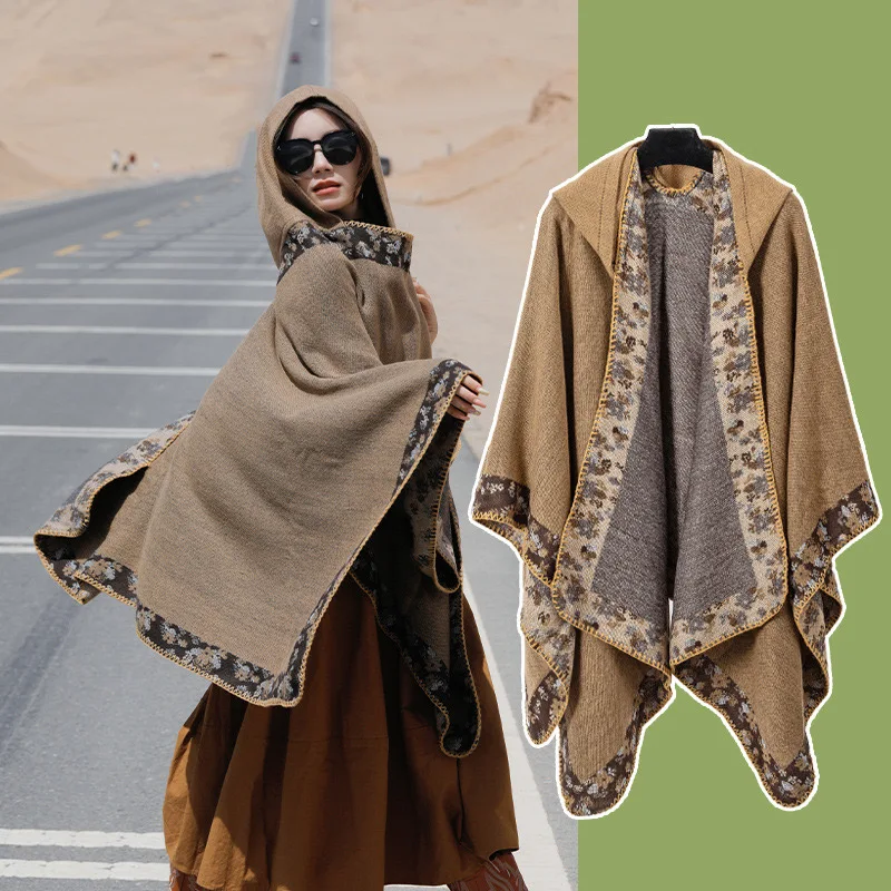 Elegant Imitation Cashmere Scarf for Women, Hooded Poncho, Warm Female Wrap, Boho Thick Blanket, Pashmina Shawls, Winter