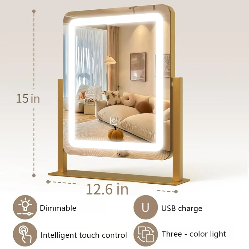 USB LED Vanity Mirror with Touch Control - Rotatable Desktop Makeup Mirror, Dimmable Lighted Mirror for Bedroom