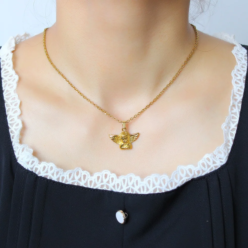 DIY accessories design little angel pendant necklace ins simple titanium steel plated 18K gold premium sense Internet celebrity