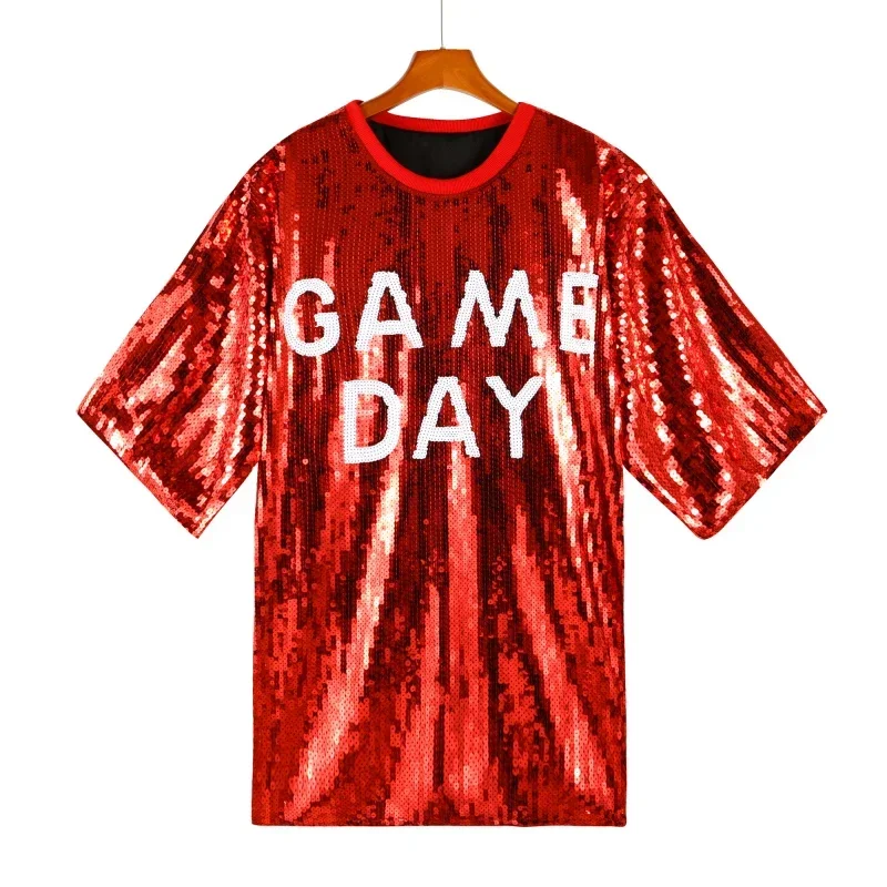 

Women Spring and Summer Multi Colors Game Day Letters Printing T-shirts Short Sleeeve Mid-long Length Streetwear Clothes