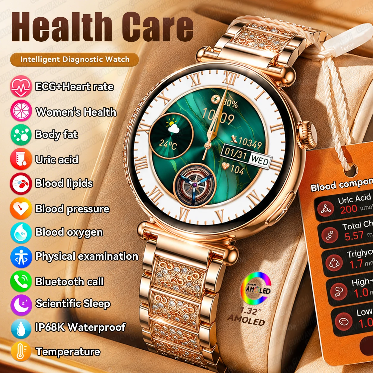 2026 New Women's Health Care Smartwatch ECG+PPG Blood Pressure Blood Lipids Uric Acid  Sports Bluetooth call Gold/Pink Smartwatc