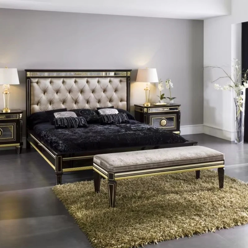 Luxury classic bed, button tufted decoration, champagne upholstered headboard, glossy black wood frame