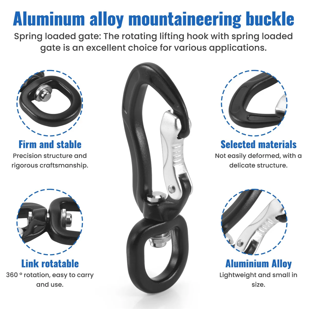 360 °   คลิปคาราบิเนอร์หมุนได้, หัวเข็มขัดอลูมิเนียมอัลลอยด์มัลติฟังก์ชั่น D สําหรับการเดินป่าตั้งแคมป์กลางแจ้ง