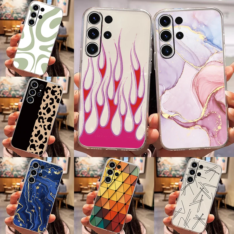 For Samsung Galaxy S23 S23 Plus S23 Ultra Phone Cases Speckle Lattice Ink Block Flame Pattern For Samsung S23 Transparent Shells