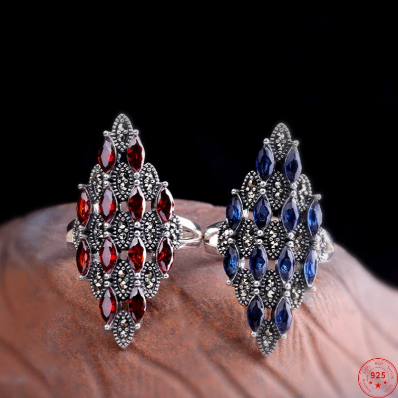 S925 Sterling Silver Rings for Women Rhombus Pattern Garnet Blue Zircon Micro Marcasite Fashion Jewelry Wholesale